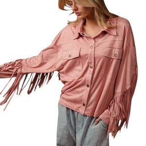 BiBi Faux Sheer Suede Tassel Fringe Western Jacket in color “Blush”